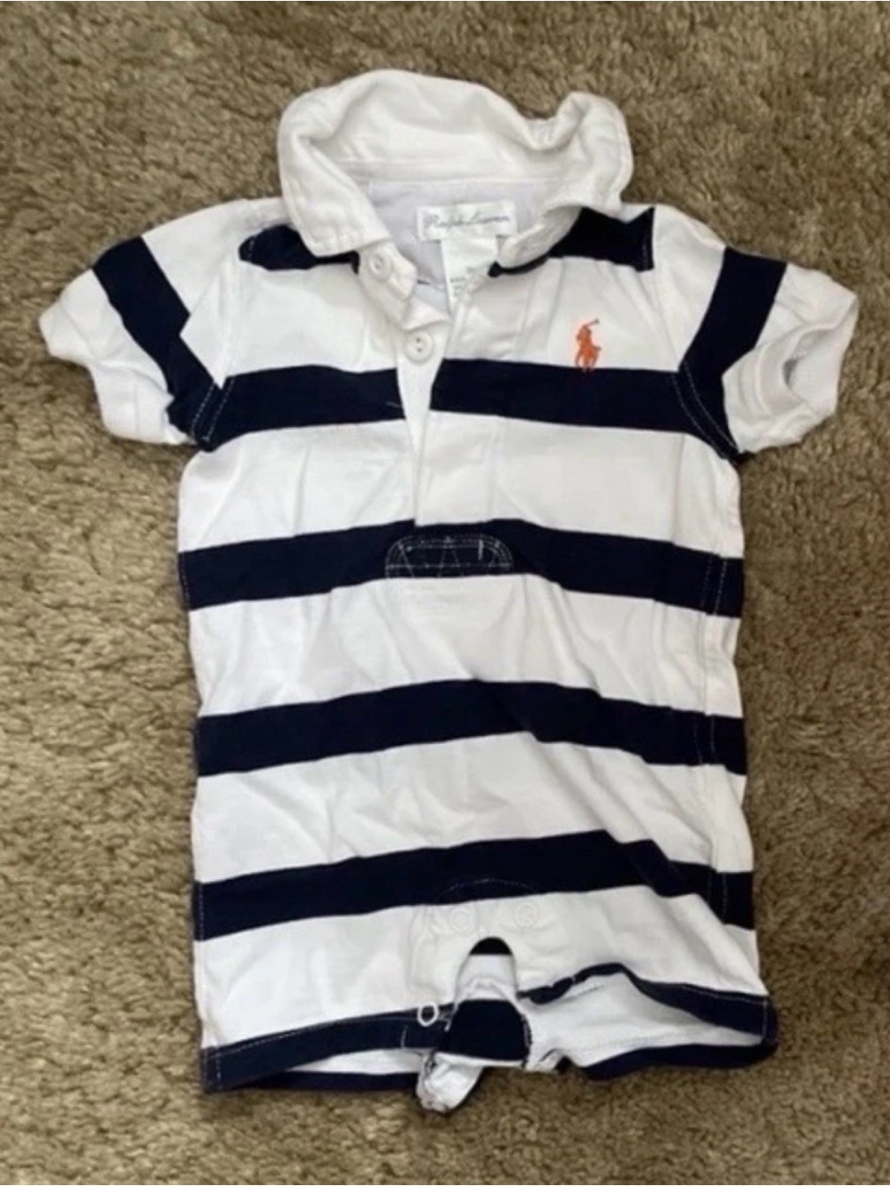 Ralph Lauren 0-3 Months White & Navy Striped Short Sleeve/Shorts Polo Romper